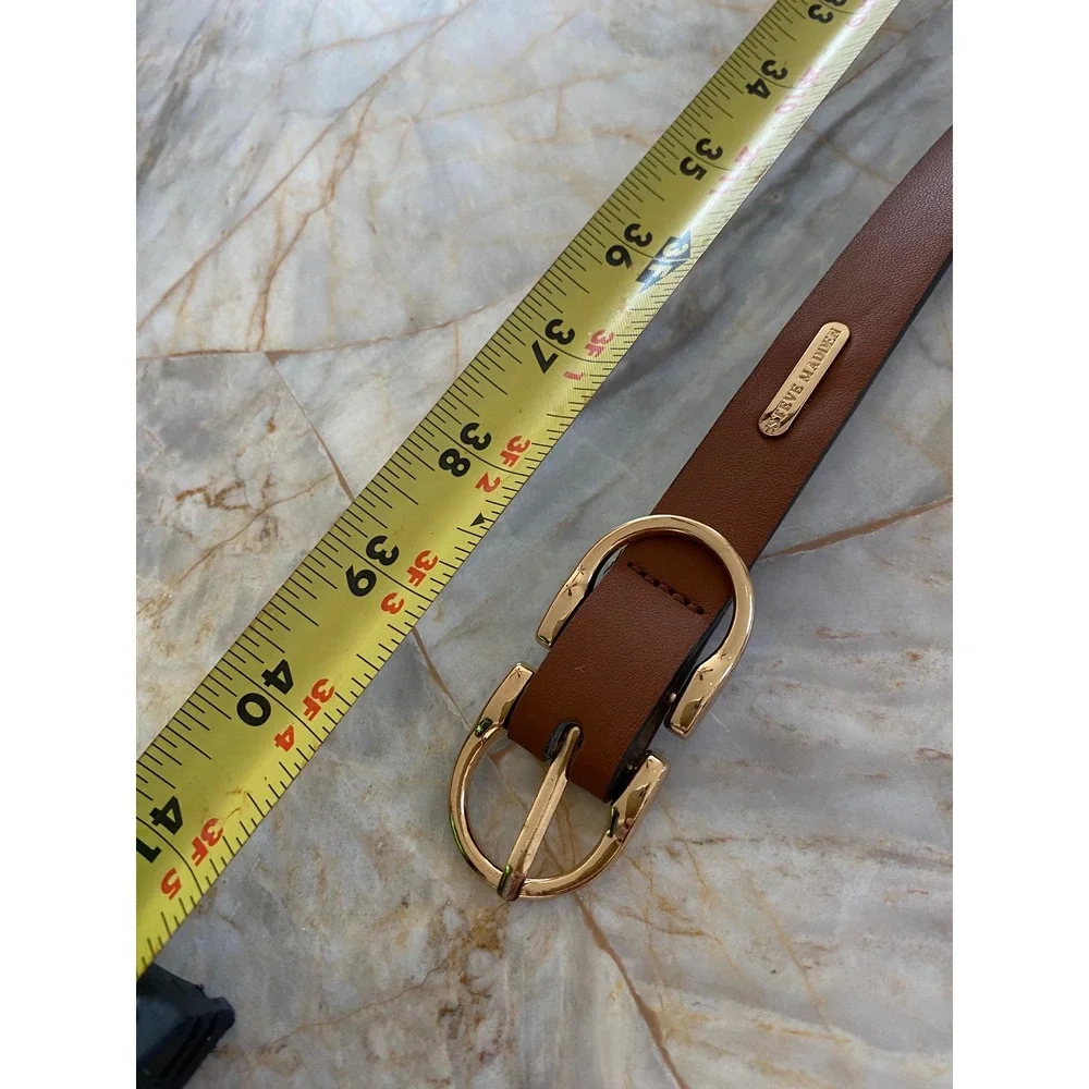 Steve Madden Cognac Brown Faux Leather Belt Gold Oval Buckle Slim Classic 40in